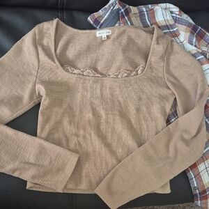 Heart & Hips Tan Long Sleeve Top Slightly Cropped